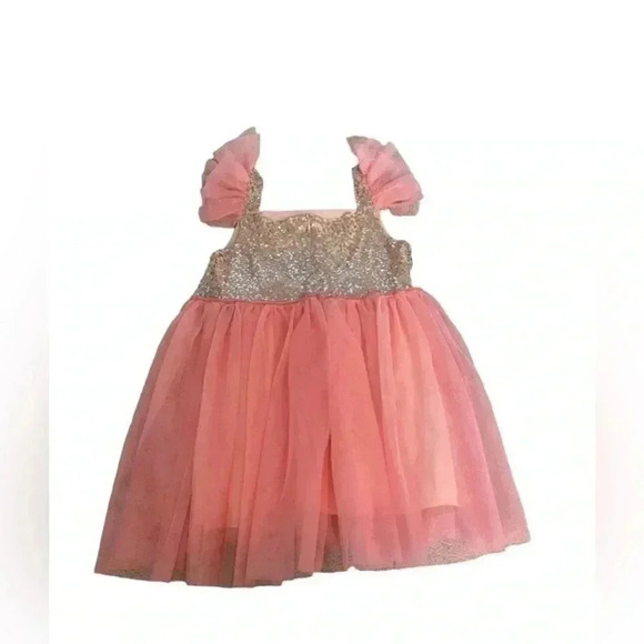Gold Sequin Coral Tulle Sleeveless Layered Pink Princess Dress SZ 6/7 # 1564 - Picture 5 of 8